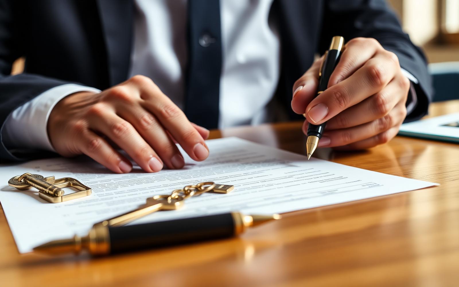 Signing a document with keys on a desk