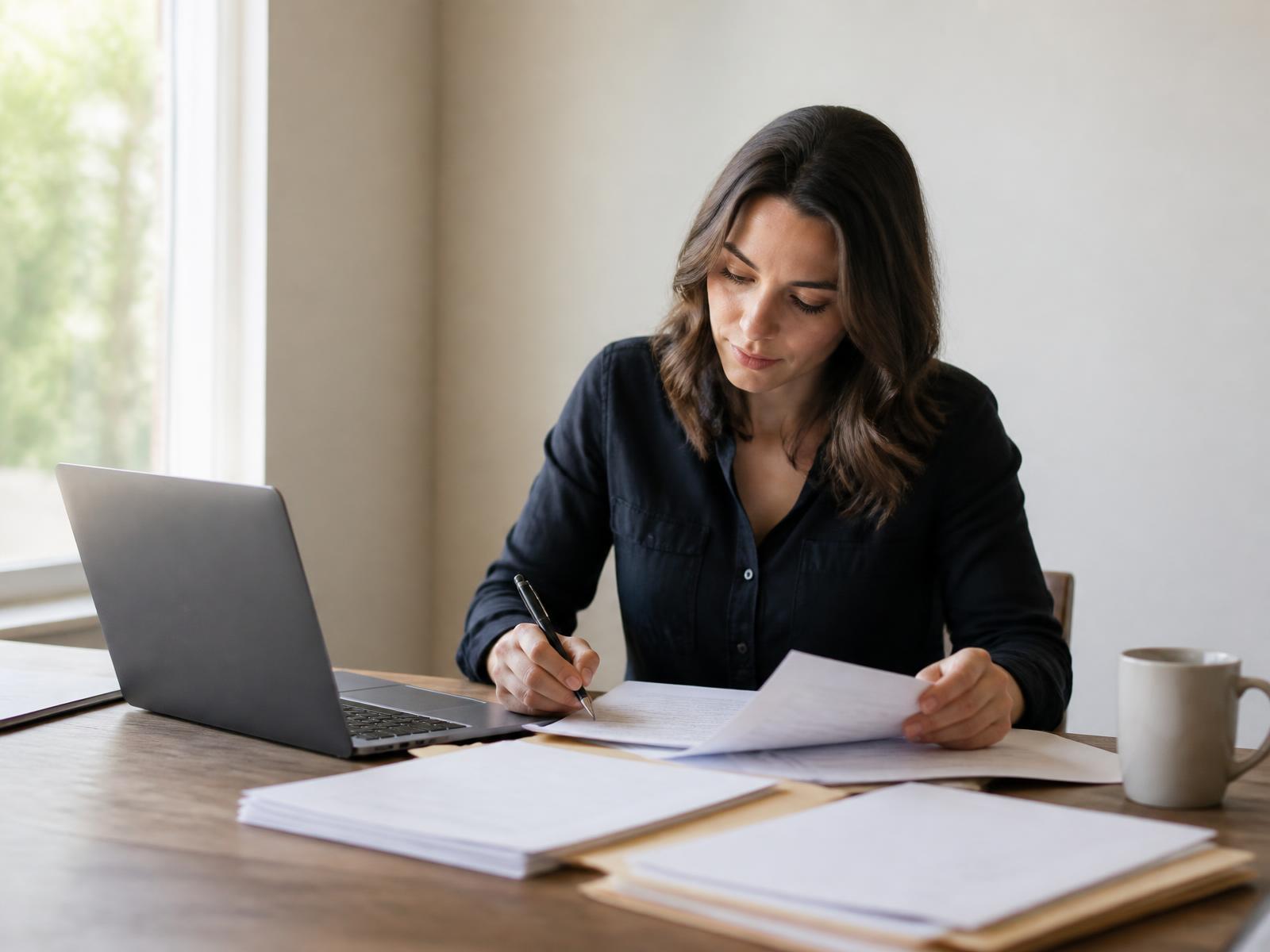 Title professional reviewing property paperwork at a desk